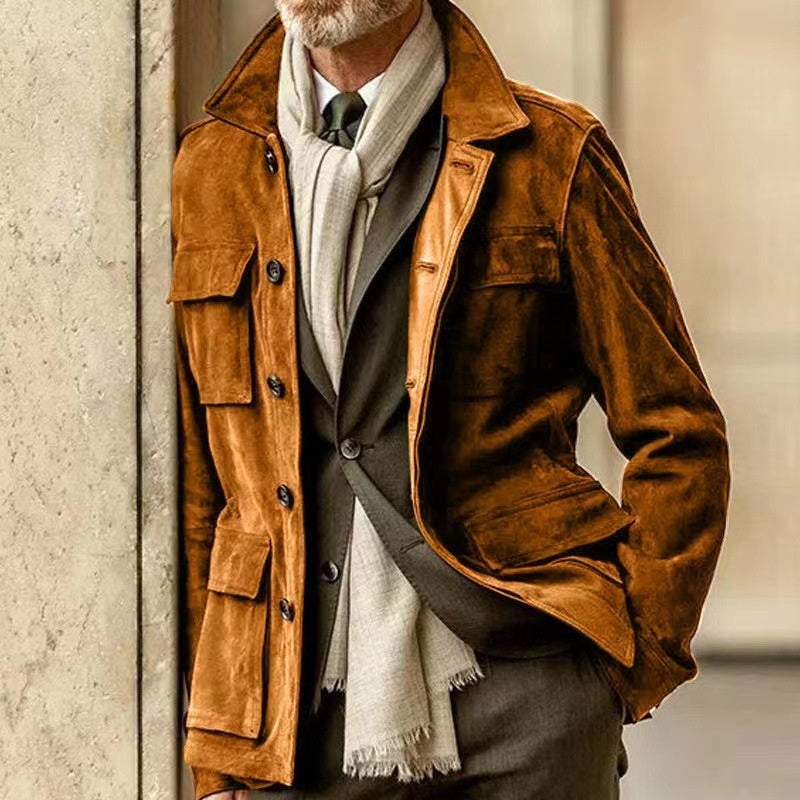 Regular Men's Cowhide Casual Coat And Trench Coat Multi-pocket