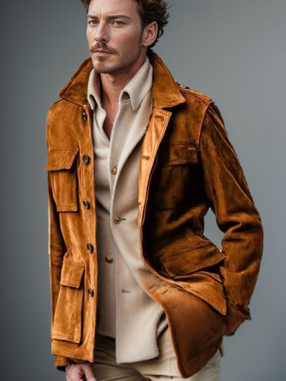 Regular Men's Cowhide Casual Coat And Trench Coat Multi-pocket